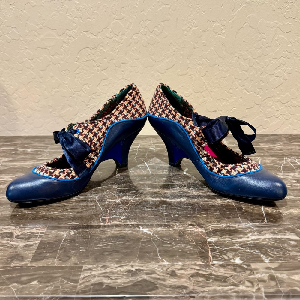 Poetic License Stand Out Blue Leather and Houndstooth Tweed Mary Jane Pumps - Picture 7 of 11